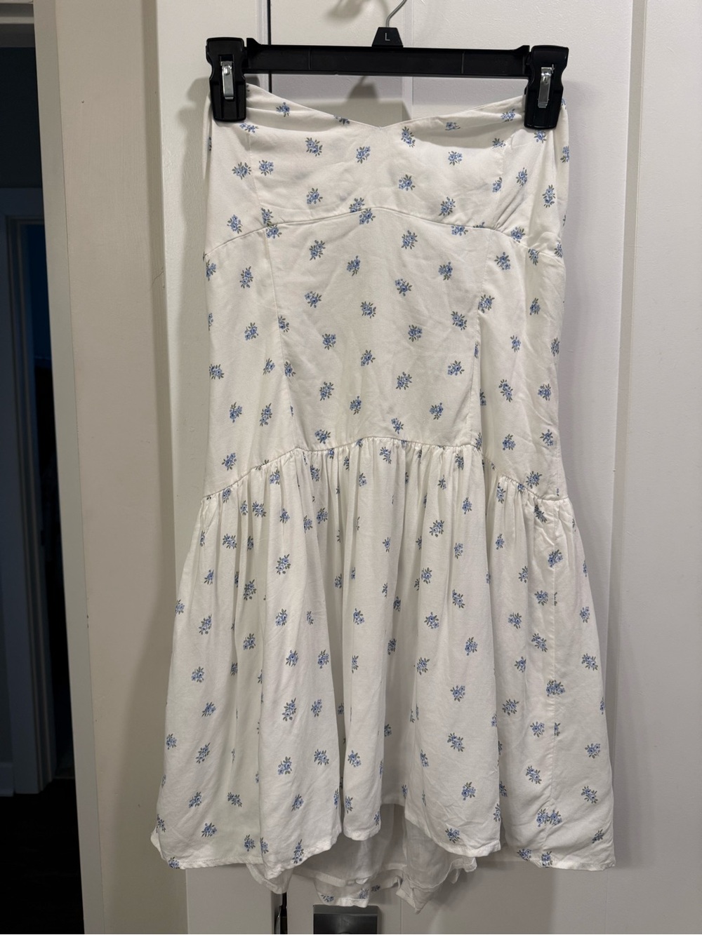 Strapless White Dress with Blue Floral Print